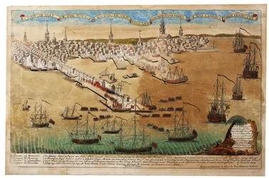 Ansicht der Stadt Boston in Neuengland und britische Kriegsschiffe landen ihre Truppen, 1768, 1770